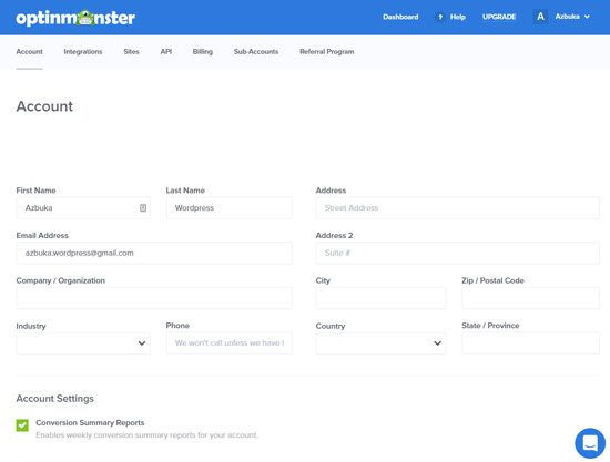 Аккаунт OptinMonster - сервис для создания формы подписки