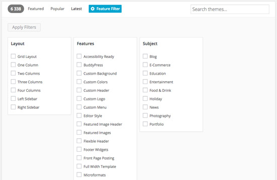 Поиск темы из каталога WordPress org по фильтрам